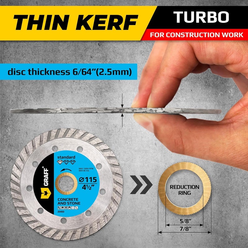 GRAFF 4 1/2 Inch Diamond Cutting Wheel for Angle Grinder Arbor 7/8"-5/8" – Turbo Diamond Blade for Stone, Marble, Granite, Brick, Masonry, Concrete – Diamond Saw Blades - Image 2